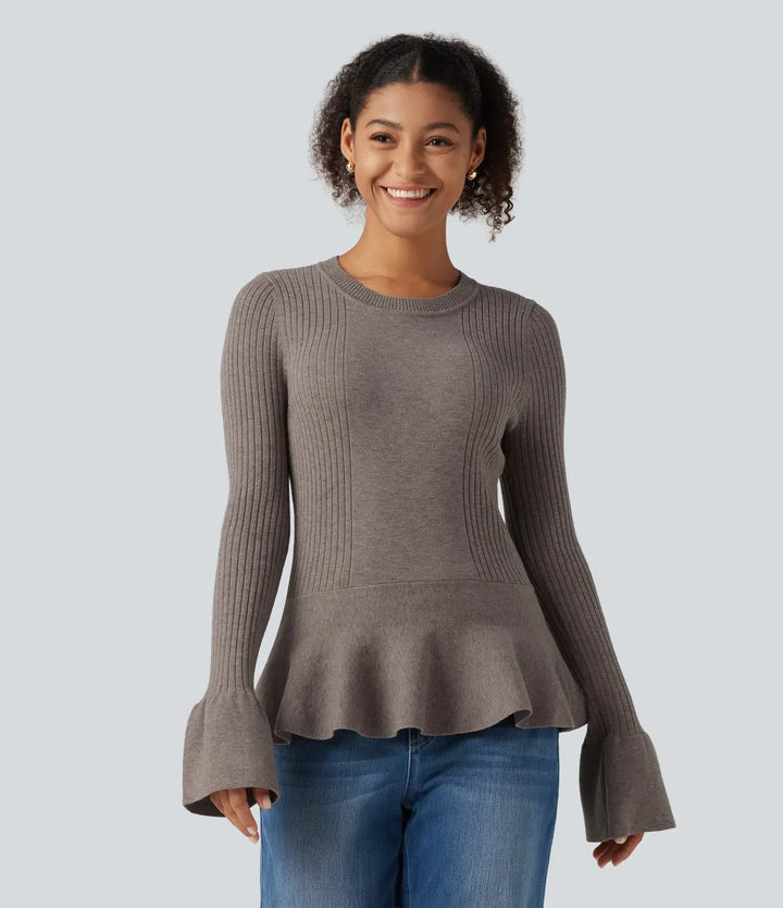 Round Neck Long Sleeve Ruffle Hem Slim Work Sweater