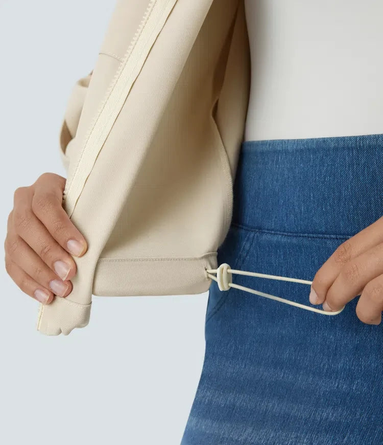 Stand Collar Roll Tab Sleeve Flap Pocket Inside Drawstring Hem Zip Casual Jacket