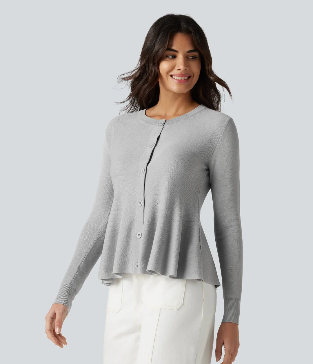 Round Neck Long Sleeve Ruffle Hem Work Cardigan