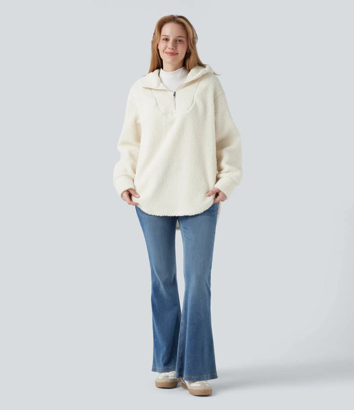 Hooded Half Zipper Curved Hem Oversized Casual Sherpa Sweatshirt with Pockets