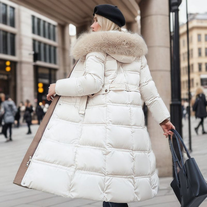 Avery | Long Belted Puffer Coat with Faux Fur Hood