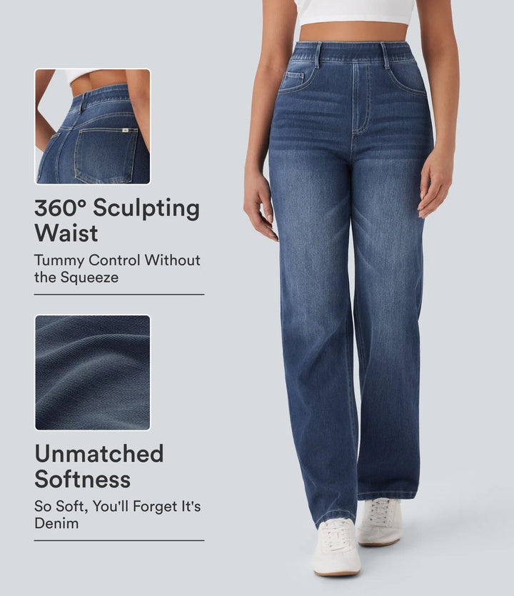 Halara Flex High Waisted Tummy Control Pockets Straight Leg Washed Casual Jeans