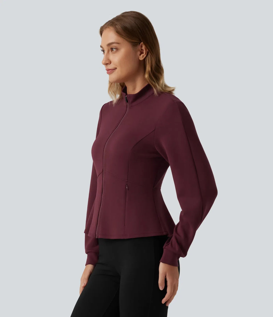 SpacerTek Stand Collar Zip Fly Long Sleeve Ruffle Hem Yoga Jacket with Pockets