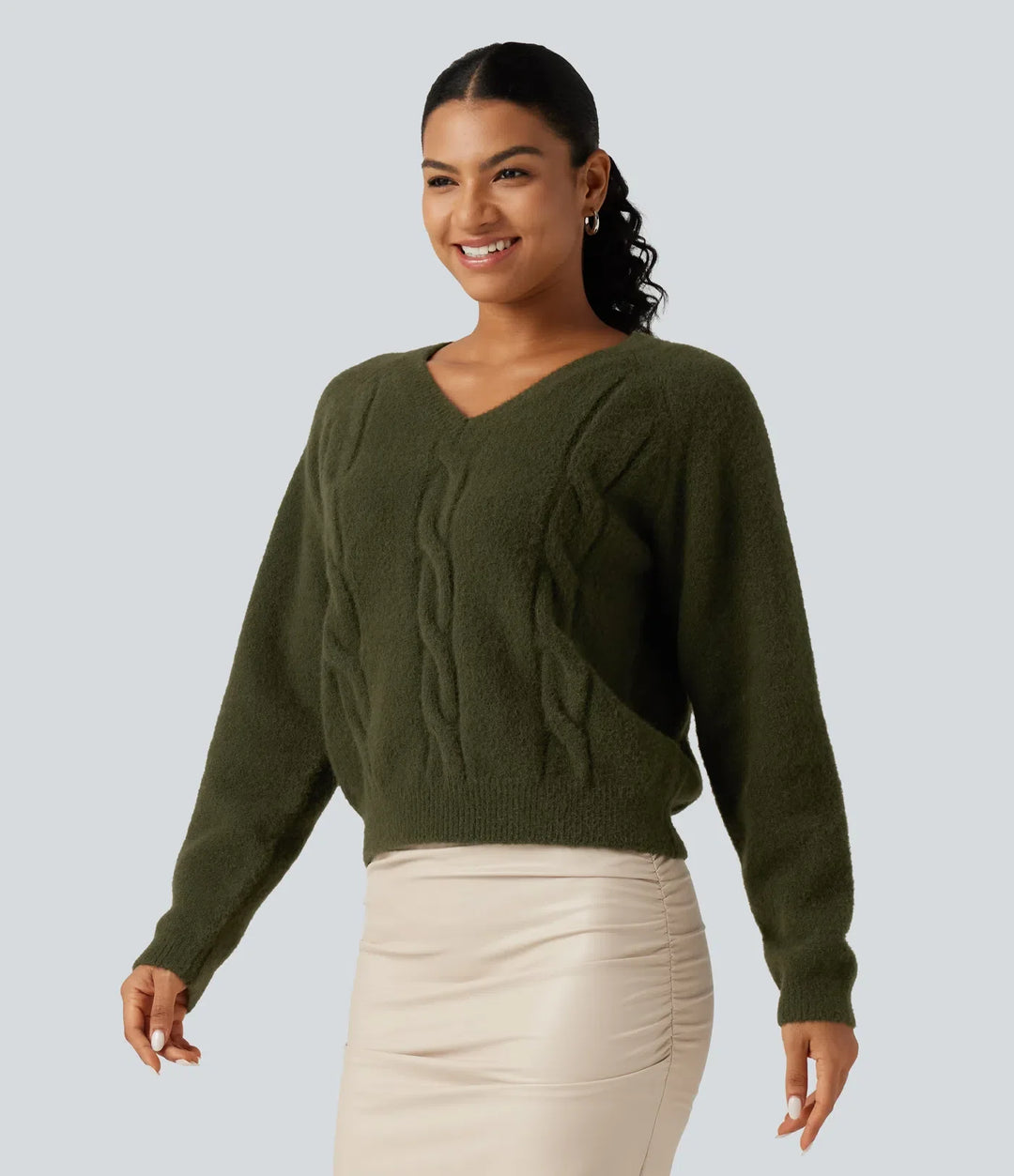 V Neck Raglan Long Sleeve Work Sweater