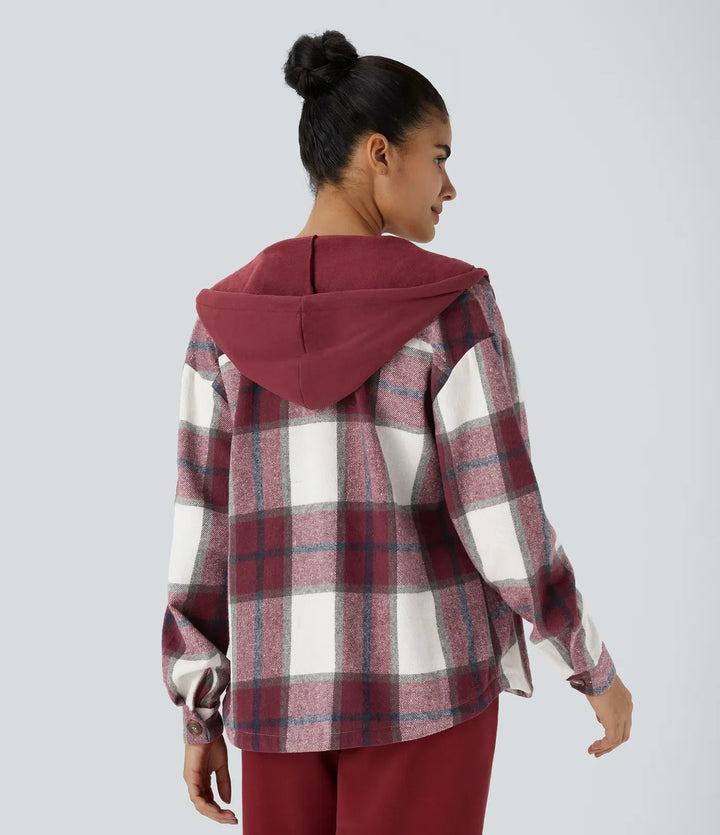 Hooded Drawstring Pocket Plaid Thermal Casual Jacket