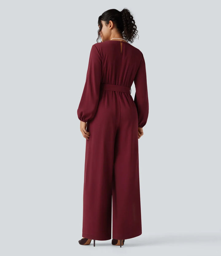 V-neck Puff Long Sleeve Belted Wide Leg Party Jumpsuit with Pockets