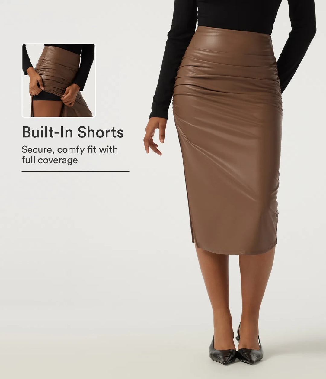 High Waisted Ruched Bodycon Fleece PU Leather Party Midi Skirts with Built-in Shorts