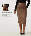 High Waisted Ruched Bodycon Fleece PU Leather Party Midi Skirts with Built-in Shorts