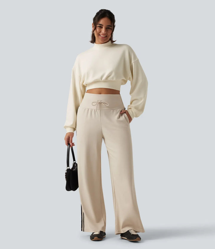 Mock Neck Dropped Long Sleeve Casual Cropped Sweatshirt