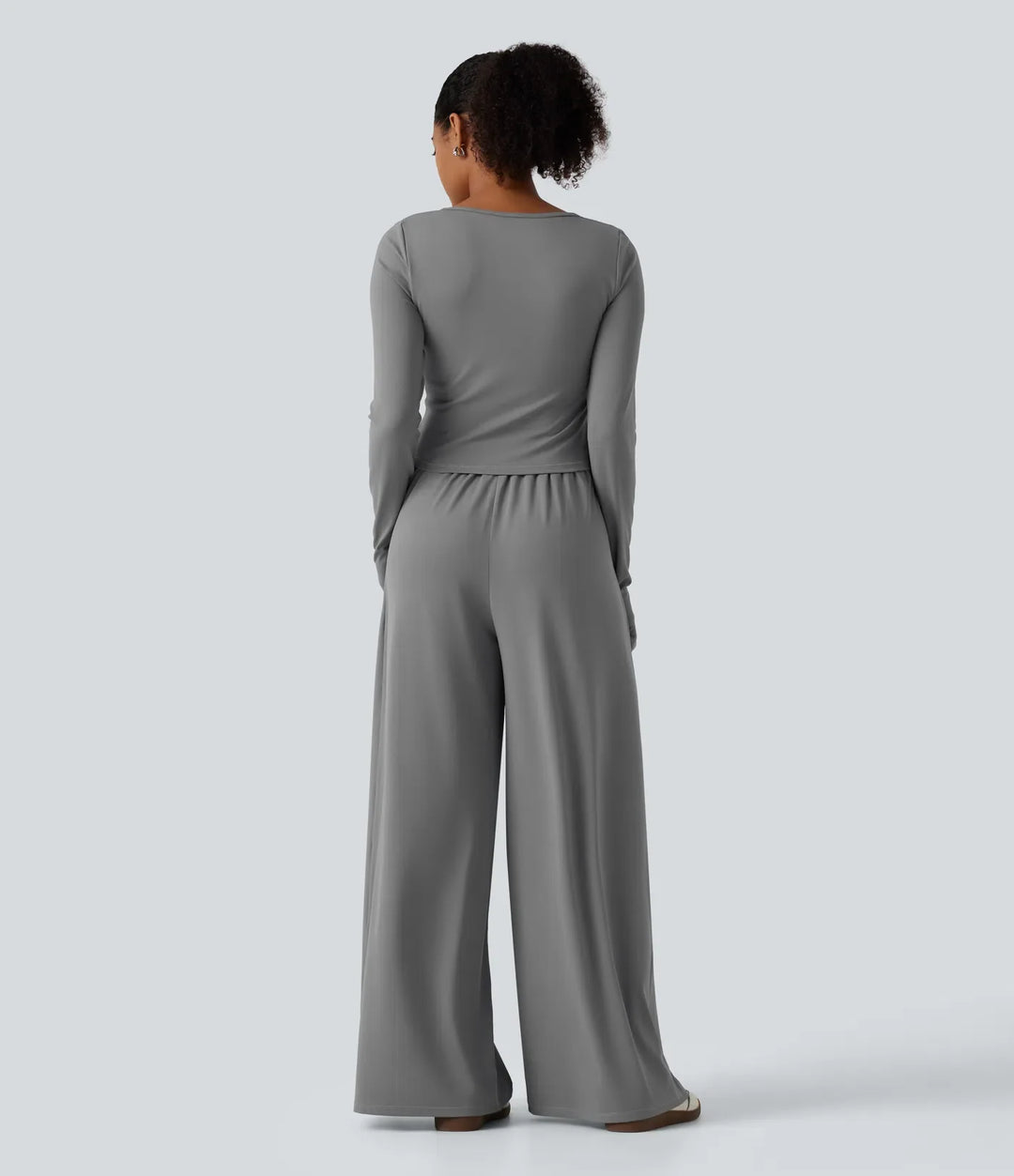 U Neck Long Sleeve Thumb Hole Wide Leg Ruched Casual Jumpsuit with Built-in Bra and Pockets -Easy Peezy Edition