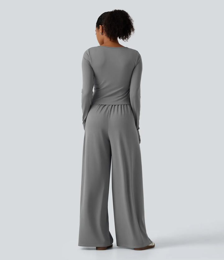 U Neck Long Sleeve Thumb Hole Wide Leg Ruched Casual Jumpsuit with Built-in Bra and Pockets -Easy Peezy Edition