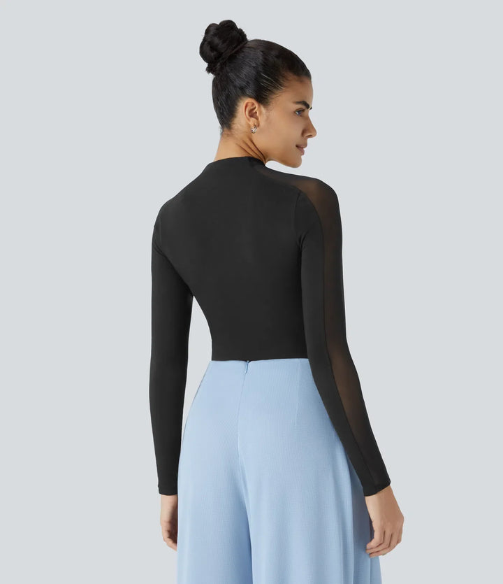 Stand Collar Raglan Long Sleeve Contrast Mesh Skinny Work Top