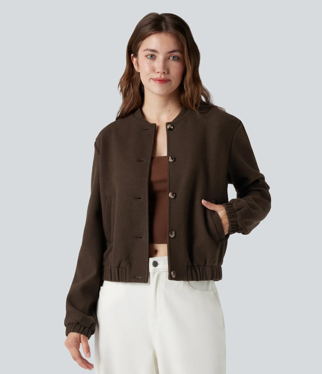 Crossover Back Long Sleeve Fleece Casual Jacket with Pockets
