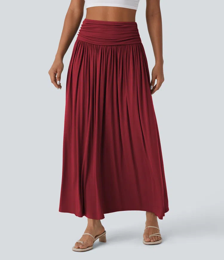 High Waisted Ruched Flowy Maxi Casual Skirt
