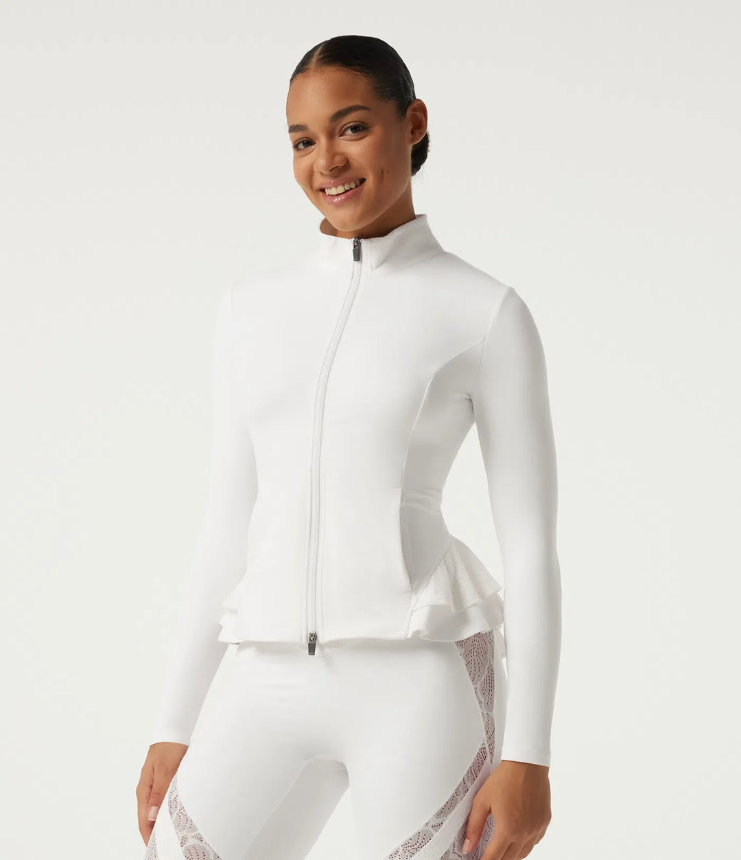 SoftlyZero High Neck Contrast Lace Ruffle Hem Yoga Jacket with Pockets