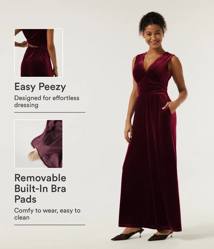 V Neck Ruched Wide Leg Velvet Party Jumpsuit with Built-in Bra and Pockets -Easy Peezy Edition
