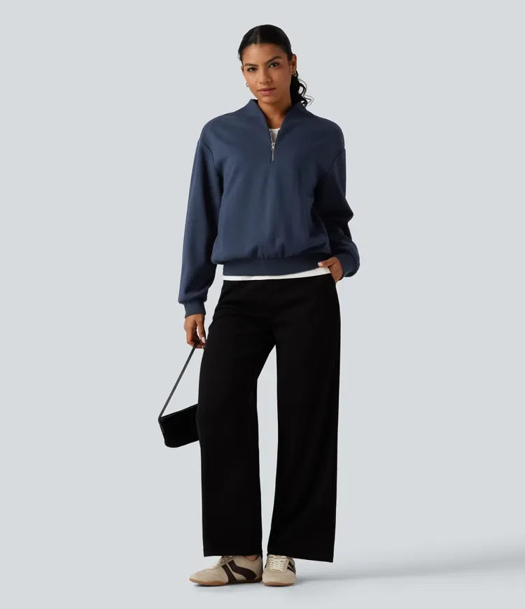Stand Collar Long Sleeve Casual Cotton Sweatshirt with Pockets