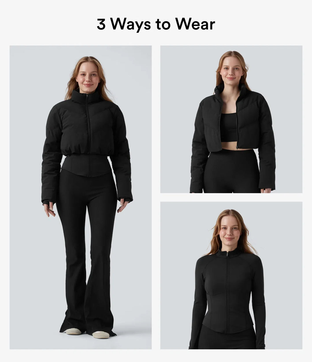 PuffFlex 3-in-1 Stand Collar Casual Cropped Puffer Coat &amp; Thumb Holes Curved Hem Jacket with Pocket