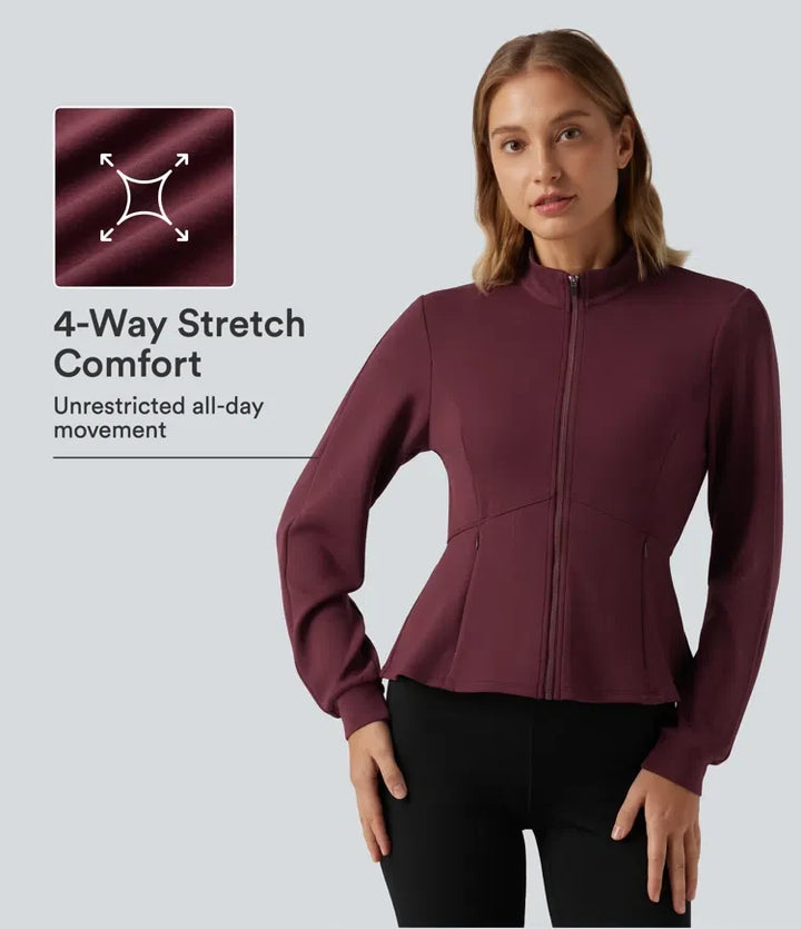 SpacerTek Stand Collar Zip Fly Long Sleeve Ruffle Hem Yoga Jacket with Pockets