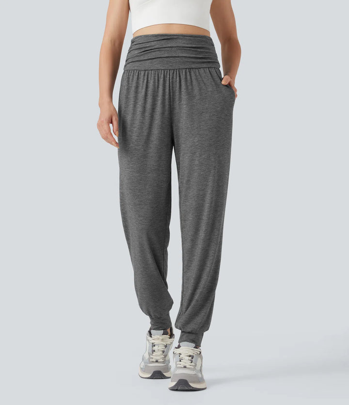 High Waisted Ruched Heathered Yoga Joggers with Pockets