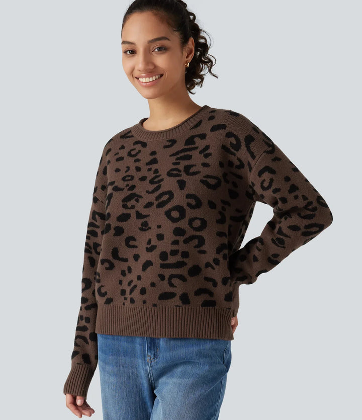 Round Neck Leopard Print Long Sleeve Casual Sweater