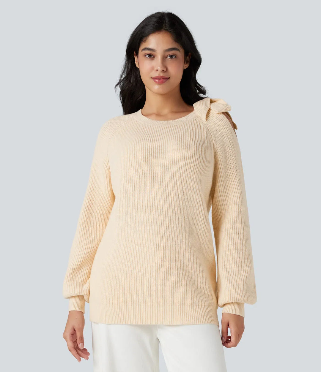 Round Neck Tie Side Long Sleeve Sweater Knit Casual Top