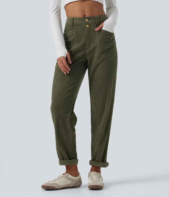 Mid Rise Tapered Corduroy Casual Pants with Pockets