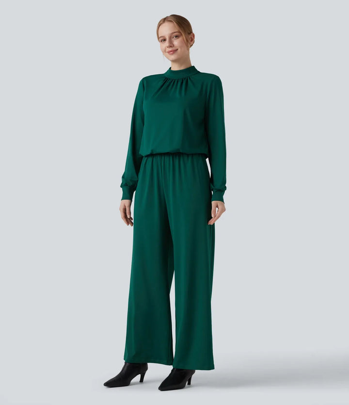 Mock Neck Keyhole Back Long Sleeve Wide Leg Work Jumpsuit with Pockets