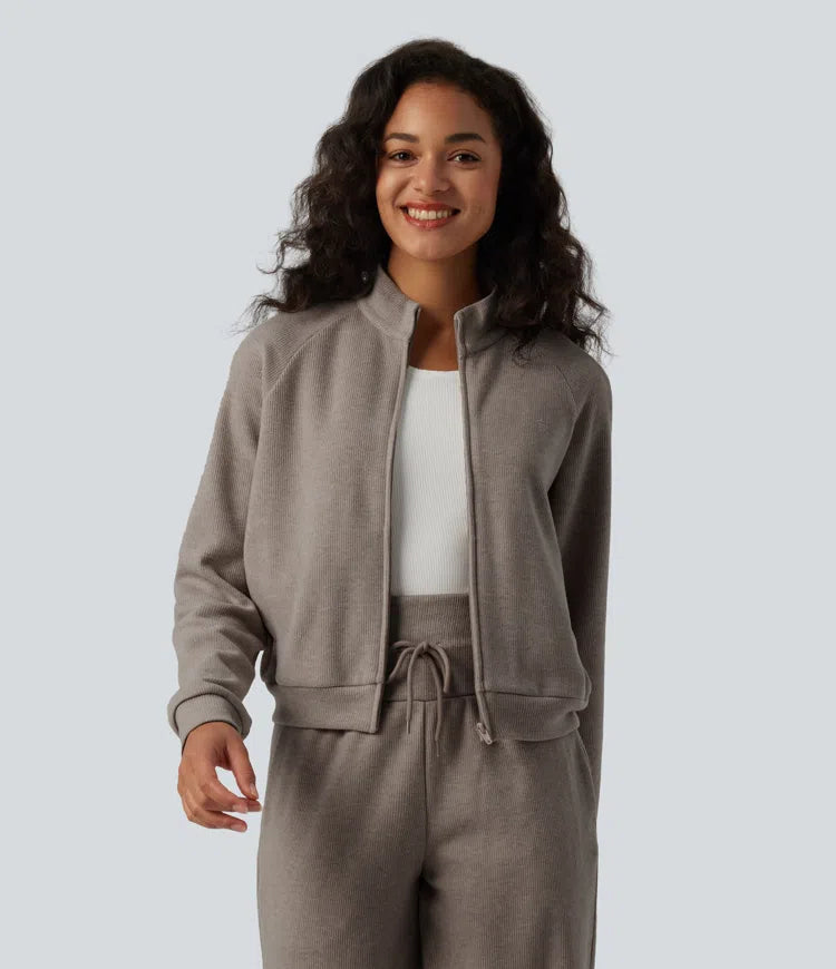 Ribbed Stand Collar Long Sleeve Zipper Casual Jacket with Pockets