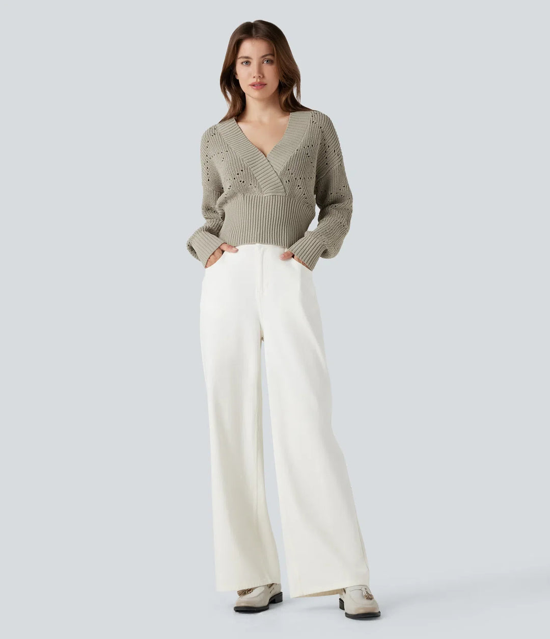 V-neck Long Sleeve Hollow Out Work Sweater