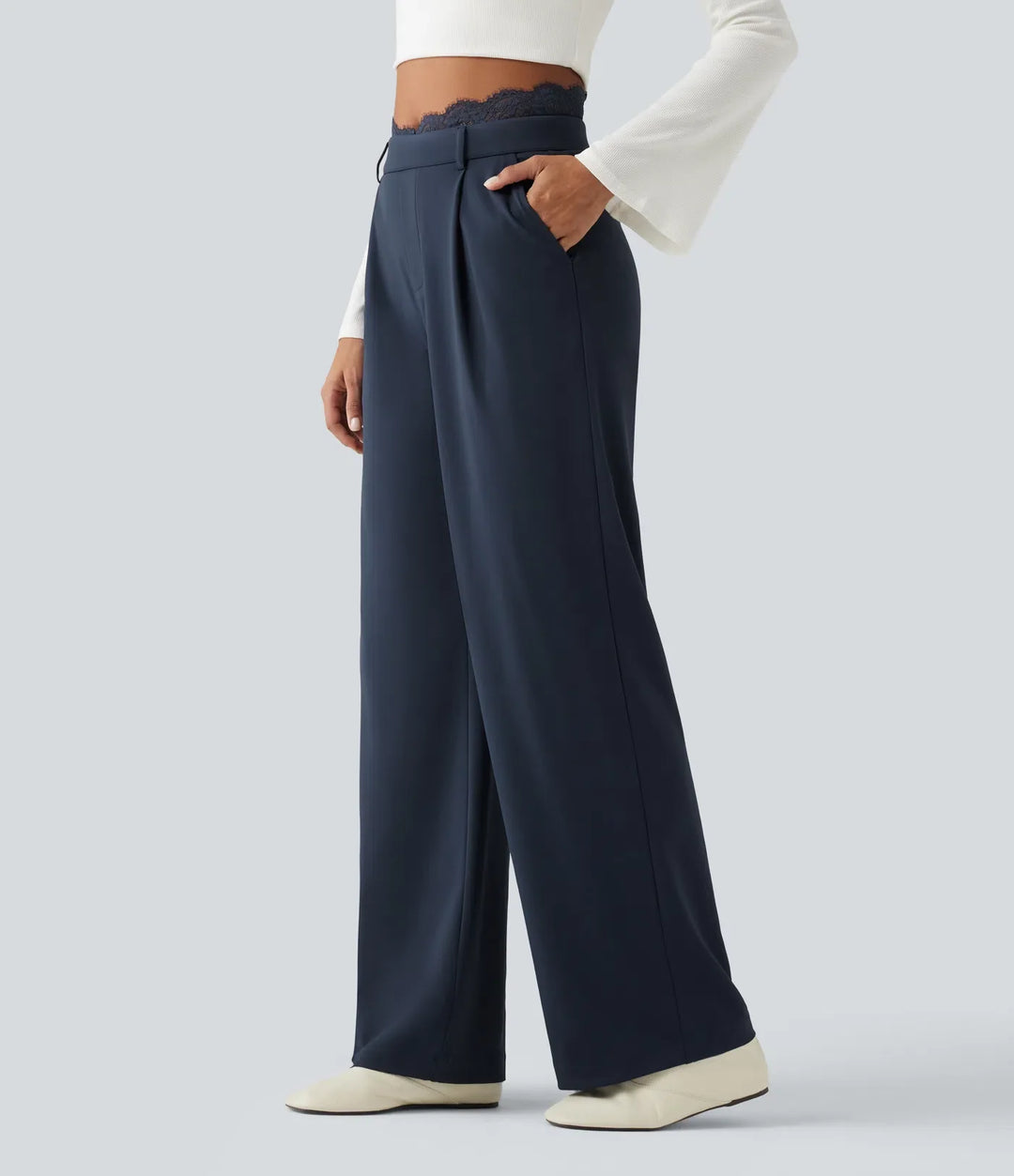 Halara Flex High Waisted Contrast Lace Straight Leg Work Pants with Pockets