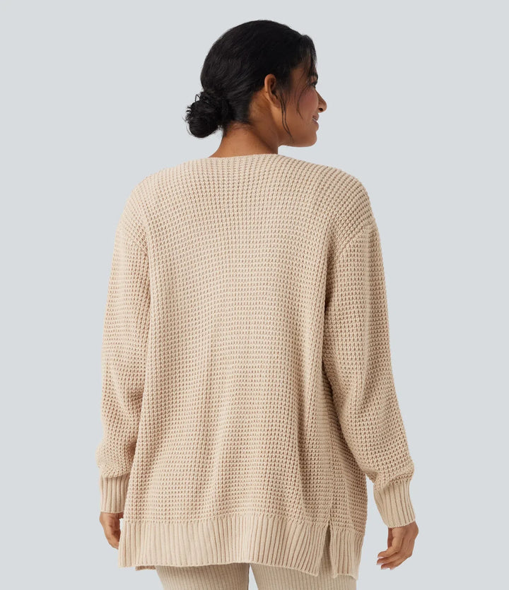 Long Sleeve Waffle Casual Cardigan with Pockets