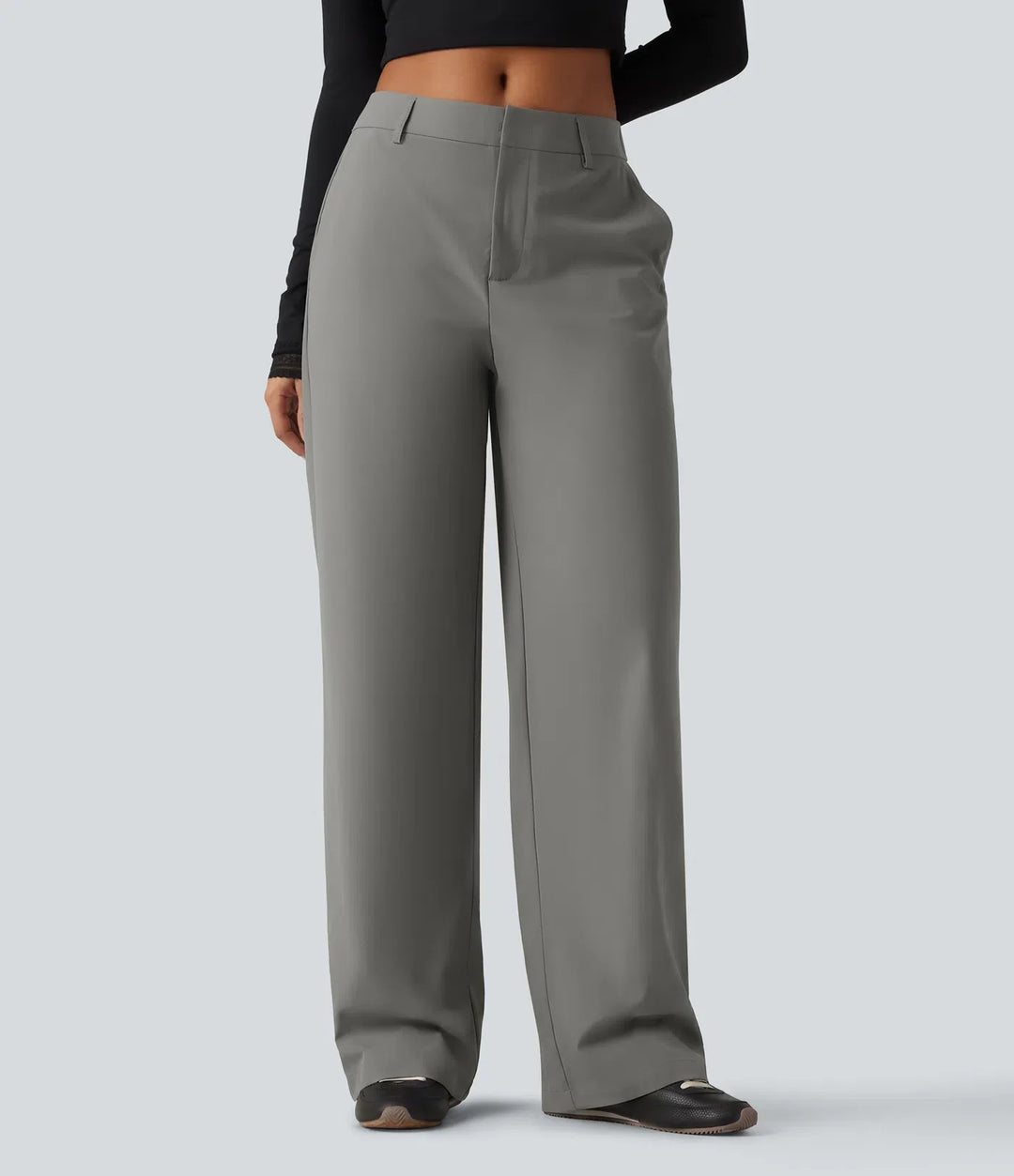 Wrinkle Recovery Mid Rise Straight Leg Work Pants with Pockets