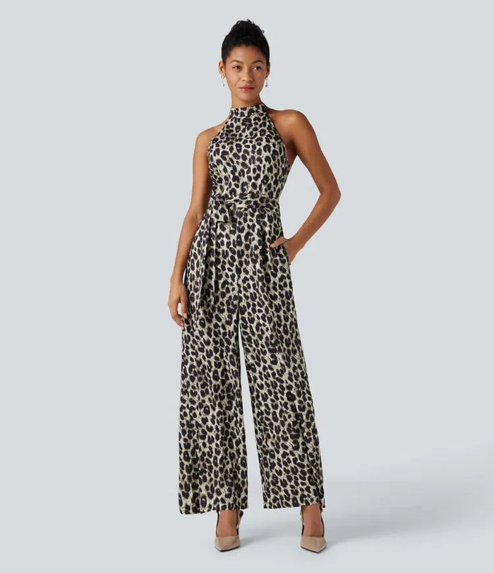 Halter Sleeveless Belted Leopard Party Jumpsuit with Pockets