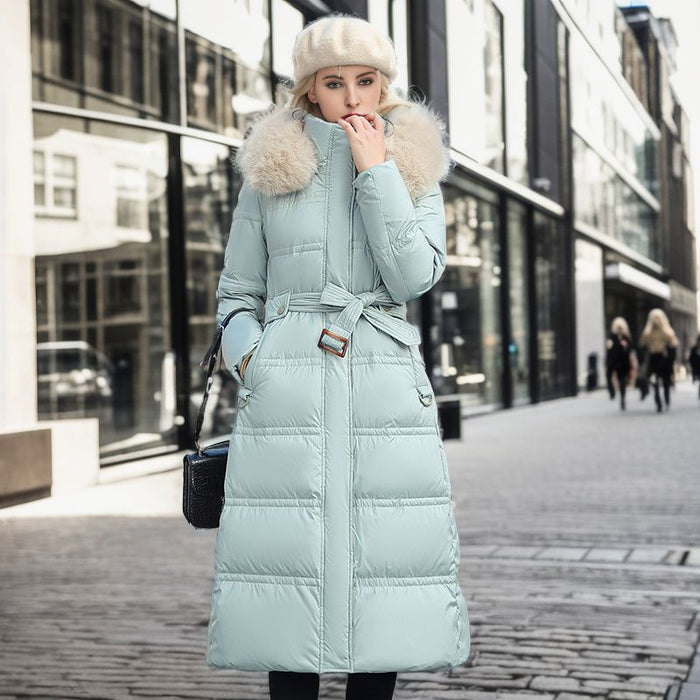 Avery | Long Belted Puffer Coat with Faux Fur Hood