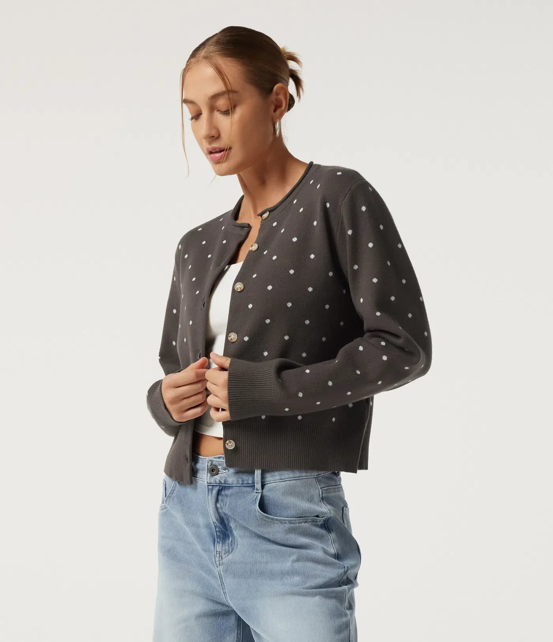 Round Neck Long Sleeve Polka Dot Casual Cardigan