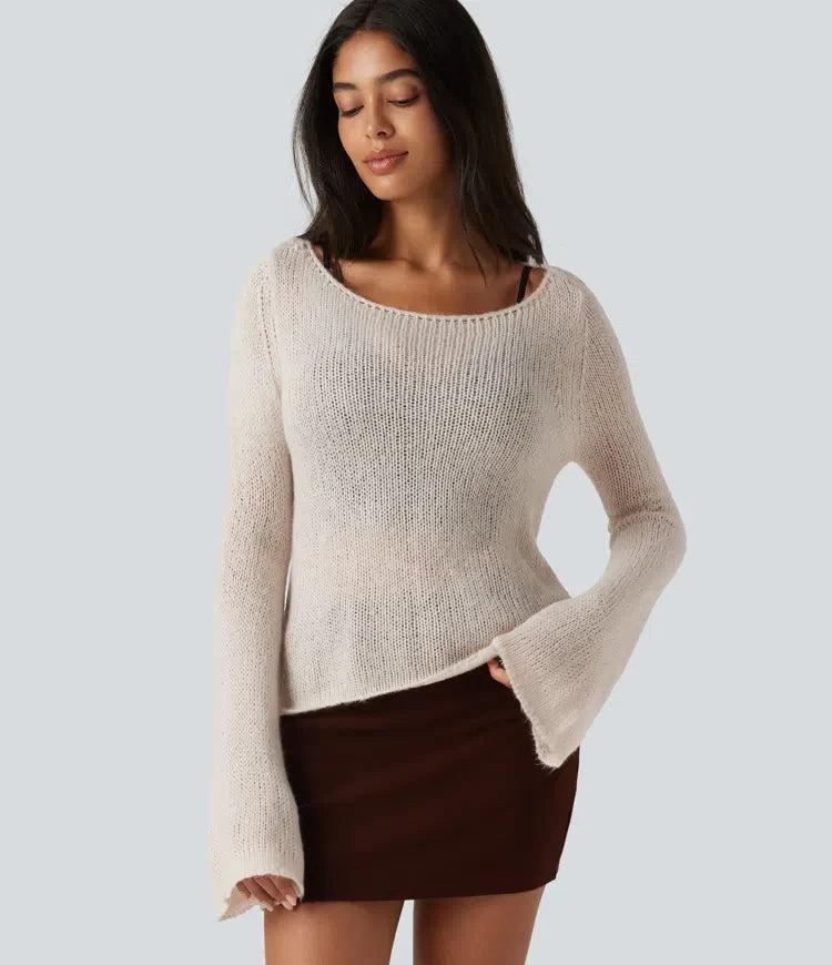 Boat Neck Flounce Long Sleeve Tie Back Casual Wool-Blend Sweater