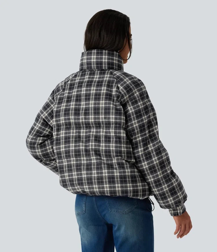 Stand Collar Long Sleeve Plaid Casual Padded Jacket with Pockets