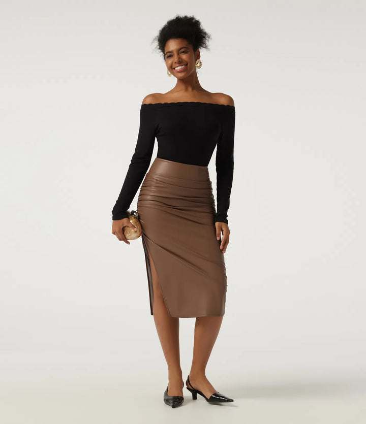 High Waisted Ruched Bodycon Fleece PU Leather Party Midi Skirts with Built-in Shorts