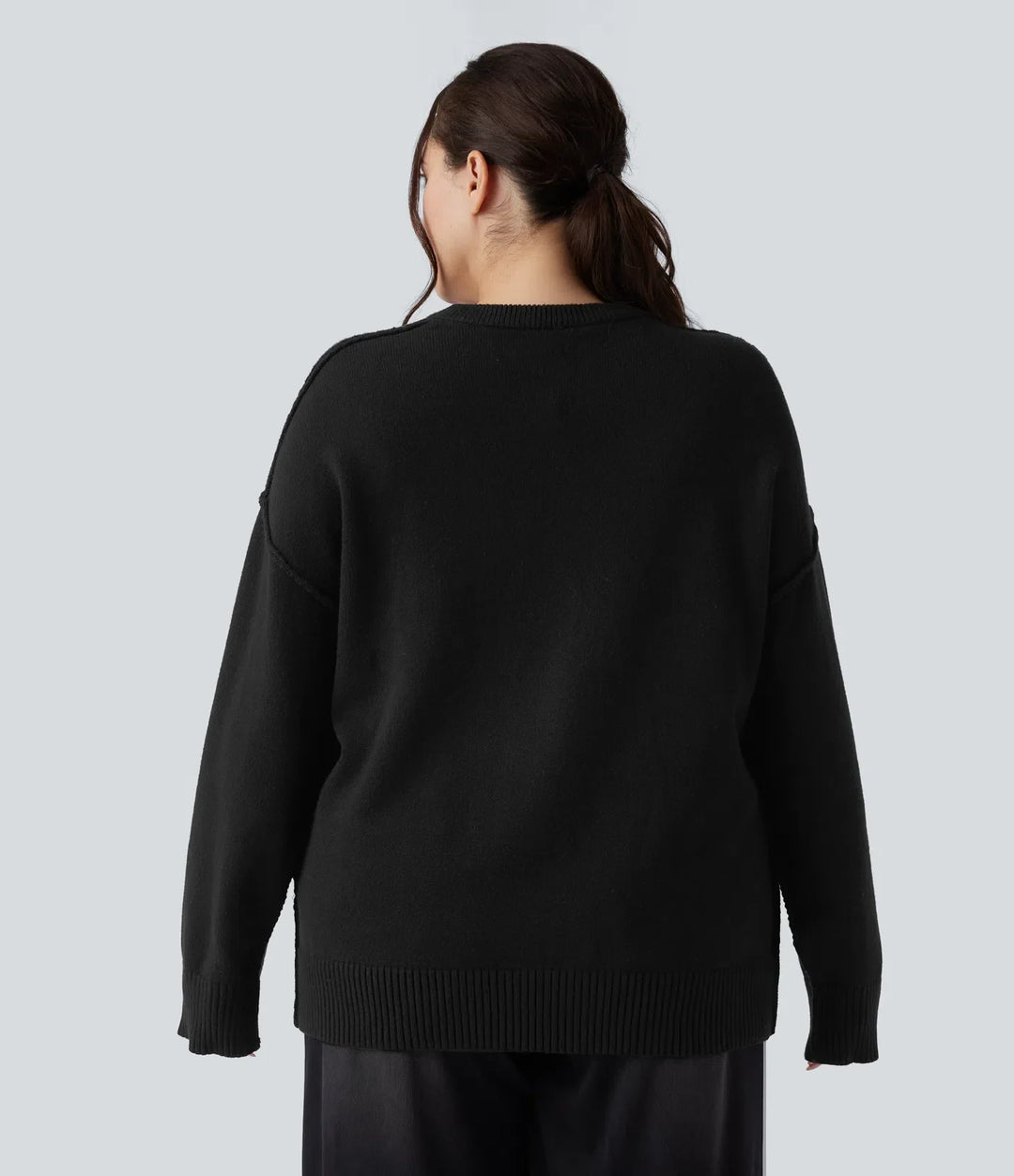 Round Neck Dropped Shoulder Long Sleeve Casual Plus Size Sweater