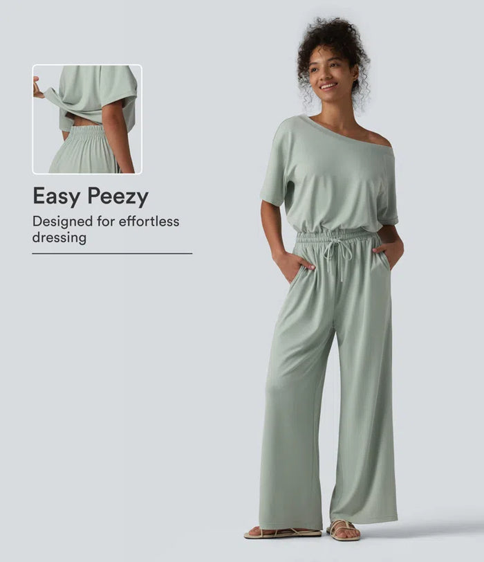 Boat Neck Short Sleeve Drawstring Baggy Casual Jumpsuit with Pockets-Easy Peezy Edition