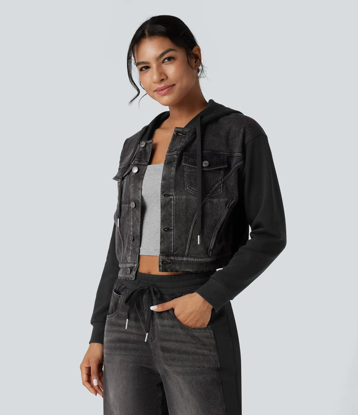 Halara Flex Hooded Drawstring Long Sleeve Patchwork Denim Casual Jacket