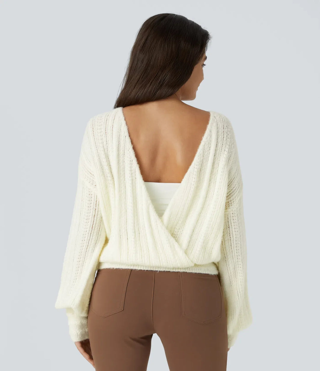 Sheer V Neck Long Sleeve Work Sweater-Front and Back Wearable