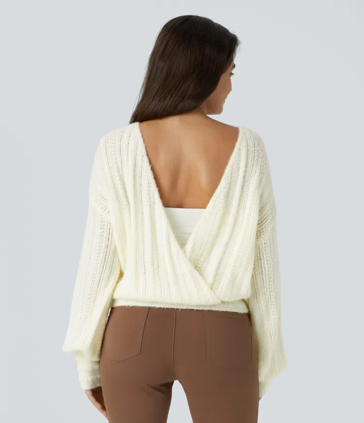 Sheer V Neck Long Sleeve Work Sweater-Front and Back Wearable