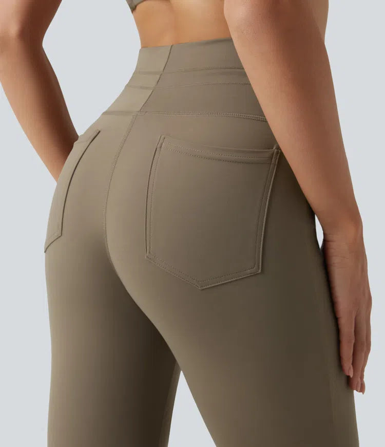 High Waisted Drawstring Plain Flare Yoga Pants with Pockets