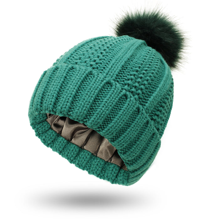 Madison | Satin Lined Knit Beanie with Faux Fur Pom Pom