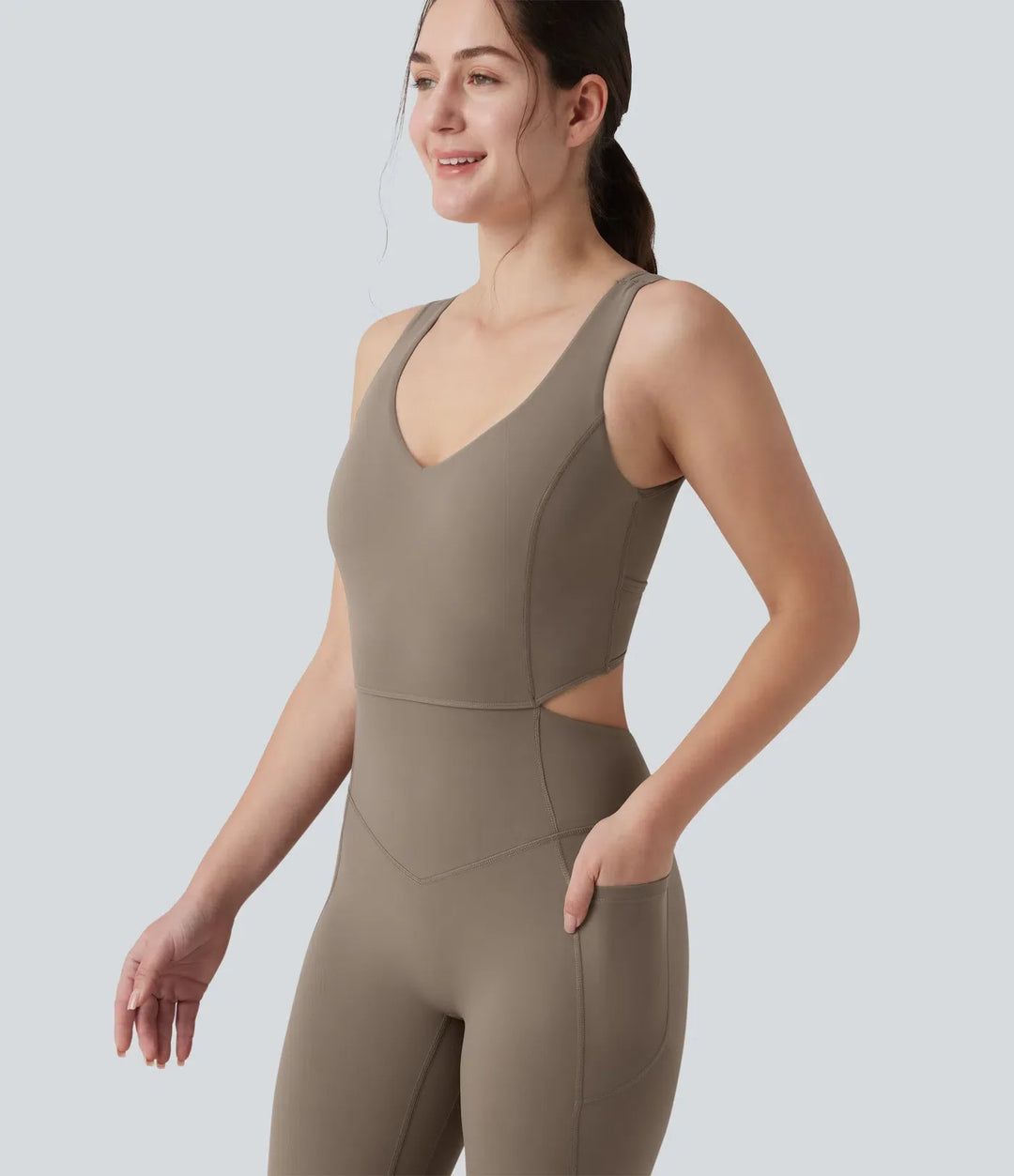 Halara UltraSculpt Crisscross Backless Tummy Control Butt Lifting Scrunch Non-Removable Pad Workout Flare Jumpsuit with Pockets-Easy Peezy