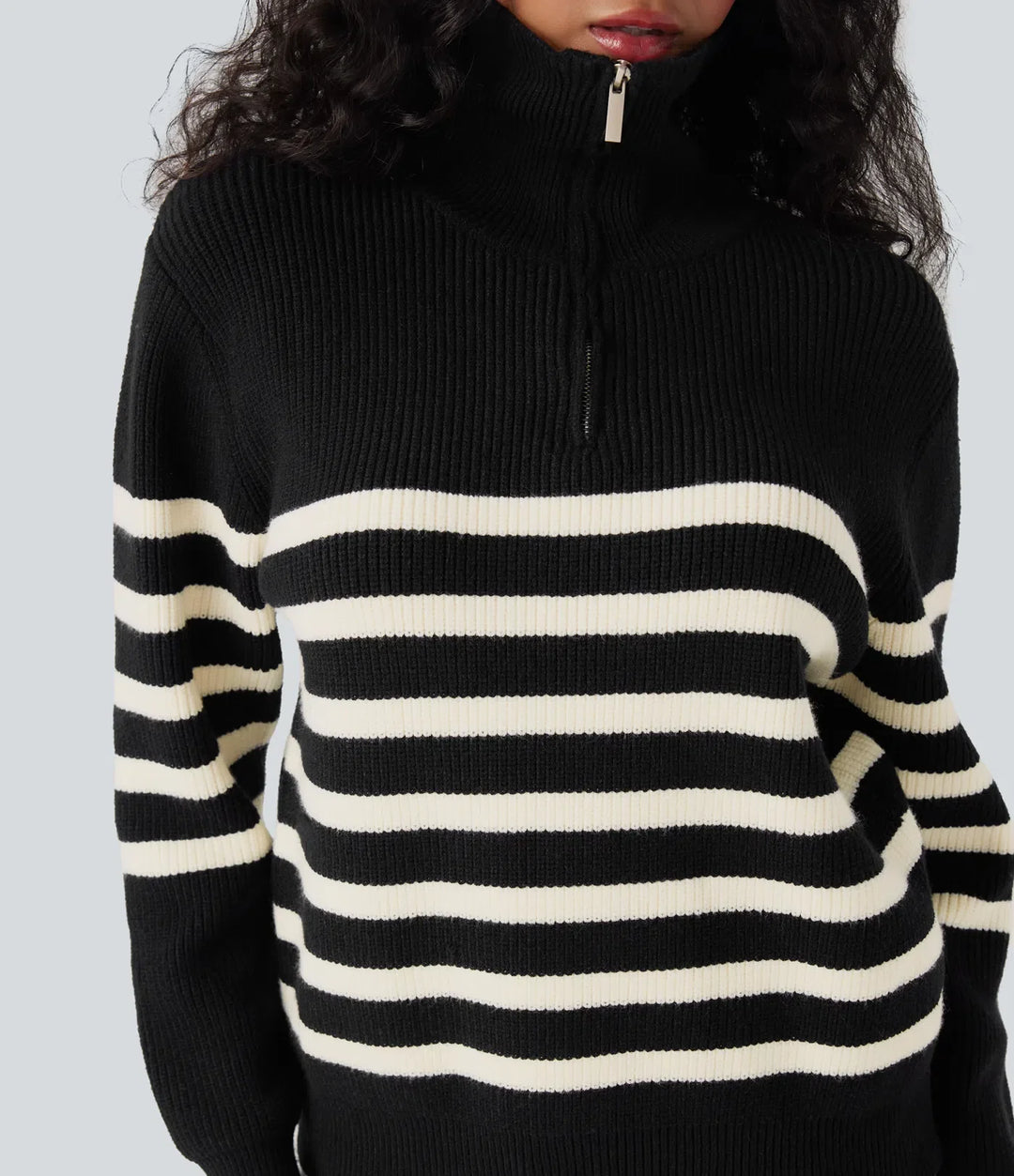 Half Zip Lapel Color Block Striped Casual Sweater