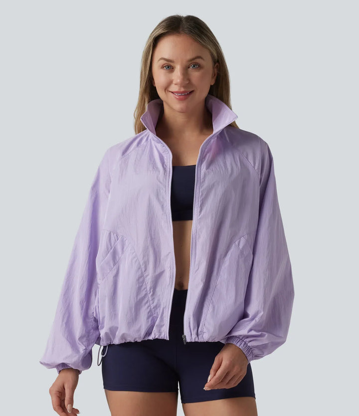 Durable Water Repellent Stand Collar Long Sleeve Zipper Workout Jacket with Pockets
