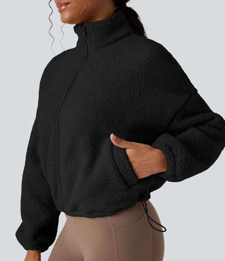 High Neck Long Sleeve Zipper Fleece Workout Jacket with Pockets